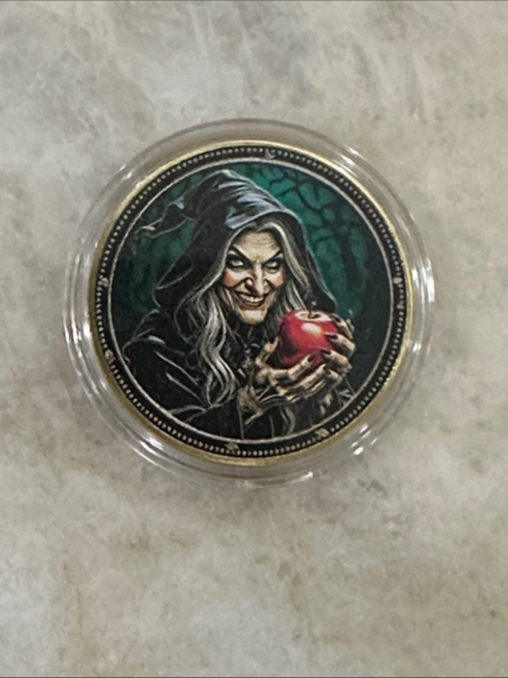 Snow White’s Witch with Apple Round Art Coin - Black, Green, Red